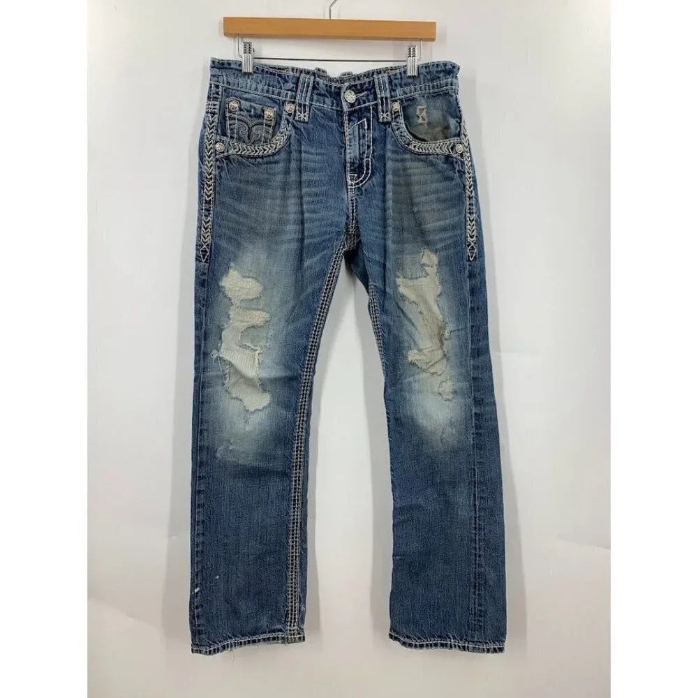 Rock Revival Men's Ethan Destroyed Distressed Slim Straight Leg Jeans Size 32x29